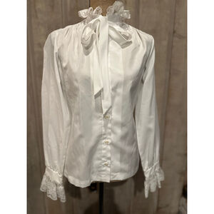 Vintage Lee Mar Pageant 70's 80's White Lace Ruffle Pirate High Neck Blouse 10